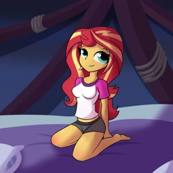 Size: 3795x3795 | Tagged: safe, artist:tjpones, sunset shimmer, equestria girls, g4, barefoot, bed, breasts, busty sunset shimmer, camp everfree outfits, feet, female, high res, kneeling, smiling, solo