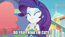 Size: 800x450 | Tagged: safe, edit, edited screencap, screencap, rarity, equestria girls, equestria girls specials, g4, my little pony equestria girls: better together, my little pony equestria girls: rollercoaster of friendship, ^^, bracelet, bronybait, caption, clothes, cute, cutie mark, cutie mark on clothes, daaaaaaaaaaaw, equestria land, eyes closed, female, hairpin, hnnng, image macro, imgflip, jewelry, raribetes, rarity peplum dress, smiling, solo, text