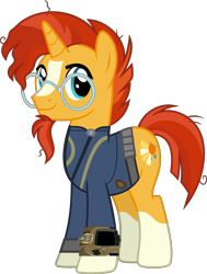 Size: 4545x6000 | Tagged: safe, artist:chainchomp2 edits, artist:php170, sunburst, pony, unicorn, fallout equestria, g4, absurd resolution, clothes, coat markings, fallout, glasses, jumpsuit, looking at you, male, not a vector, pipboy, simple background, socks (coat markings), solo, stallion, sunburst's glasses, transparent background, vault suit, vector