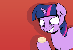 Size: 2995x2082 | Tagged: safe, artist:wenni, twilight sparkle, pony, unicorn, series:pony re-watch, a bird in the hoof, g4, crazy face, faic, female, high res, looking at something, mare, pills, red background, scene interpretation, shadow, simple background, smiling, solo, unicorn twilight