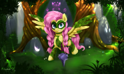 Size: 3000x1800 | Tagged: safe, artist:darksly, fluttershy, pegasus, pony, g4, alternate hairstyle, alternate timeline, bodypaint, braid, chrysalis resistance timeline, ear piercing, forest, looking at you, piercing, spear, spread wings, tribalshy, weapon, wings