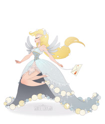 Size: 719x850 | Tagged: safe, artist:flying-fox, derpy hooves, human, g4, clothes, dress, envelope, eyes closed, female, formal wear, gown, grand galloping gala, humanized, solo, winged humanization, wings