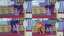 Size: 2000x1125 | Tagged: safe, edit, edited screencap, editor:quoterific, screencap, flam, sci-twi, sunset shimmer, twilight sparkle, equestria girls, equestria girls series, equestria girls specials, g4, my little pony equestria girls: rollercoaster of friendship, book, bowtie, clothes, cute, cutie mark, cutie mark on clothes, faceless male, female, geode of empathy, geode of telekinesis, glasses, jacket, jewelry, leather, leather jacket, magical geodes, male, necklace, offscreen character, open mouth, ponytail, smiling, smuglight sparkle, twiabetes