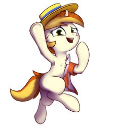 Size: 1342x1506 | Tagged: safe, artist:wenni, peachy pitt, pony, unicorn, g4, armpits, boater, chest fluff, clothes, female, hat, laughing, looking at you, mare, missing cutie mark, pun, shirt, simple background, transparent background, underhoof