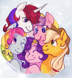 Size: 423x456 | Tagged: safe, artist:pigeorgien, applejack, moondancer (g1), pipp petals, rainbow dash (g3), sundance (g2), earth pony, pegasus, pony, unicorn, g1, g2, g3, g4, g5, applejack's hat, cowboy hat, cute, female, floating heart, group, hat, heart, mare, smiling