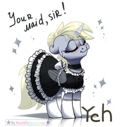 Size: 700x733 | Tagged: safe, artist:beautifulspaceshow, derpy hooves, alicorn, pegasus, pony, g4, alicornified, blushing, choker, clothes, cute, derpabetes, derpicorn, dress, eyes closed, female, gloves, maid, mare, race swap, simple background, skirt, socks, stockings, thigh highs, white background, ych example, your character here