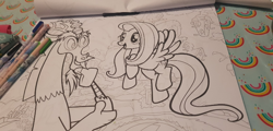 Size: 720x345 | Tagged: safe, discord, fluttershy, draconequus, pegasus, pony, g4, coloring, coloring book, coloring page, female, irl, male, mare, photo, rainbow