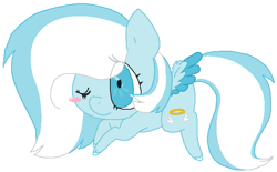 Size: 639x396 | Tagged: safe, artist:dramaostrich, oc, oc only, oc:angle, pegasus, pony, blue eyes, blushing, chibi, female, one eye closed, simple background, solo, two toned mane, white background, wink