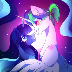 Size: 1080x1078 | Tagged: safe, artist:tessa_key_, princess celestia, princess luna, alicorn, pony, g4, bust, crossed horns, duo, eyelashes, female, horn, horns are touching, mare, royal sisters, siblings, signature, sisters, smiling, wings