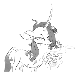 Size: 1734x1647 | Tagged: safe, artist:mane6, oleander (tfh), classical unicorn, pony, unicorn, them's fightin' herds, cloven hooves, coffee, community related, female, hair curlers, horn, image in description, leonine tail, magic, mare, monochrome, simple background, telekinesis, unshorn fetlocks, white background