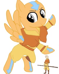 Size: 1080x1350 | Tagged: safe, artist:ponyrefaa, human, pegasus, pony, aang, avatar the last airbender, bald, bipedal, clothes, crossover, duo, male, ponified, simple background, smiling, staff, stallion, tattoo, white background, wings
