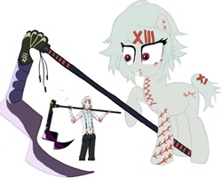 Size: 1080x863 | Tagged: safe, artist:ponyrefaa, earth pony, human, pony, clothes, crossover, duo, juzo suzuya, pants, ponified, raised hoof, scythe, simple background, smiling, tattoo, tokyo ghoul, white background