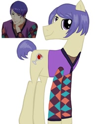 Size: 1080x1350 | Tagged: safe, artist:ponyrefaa, earth pony, human, pony, bust, clothes, crossover, duo, looking back, male, ponified, simple background, smiling, stallion, tokyo ghoul, tsukiyama shuu, white background