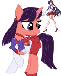 Size: 1080x1339 | Tagged: safe, artist:ponyrefaa, burning heart, human, pony, unicorn, g4, clothes, crossover, duo, eyelashes, female, gloves, high heels, hino rei, long gloves, looking back, mare, ponified, sailor mars, sailor moon (series), shoes, simple background, skirt, smiling, white background