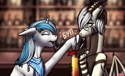 Size: 2550x1539 | Tagged: safe, artist:wwredgrave, oc, oc only, oc:danico, oc:snowflake, draconequus, pony, unicorn, bar, boop, cocktail, cyrillic, hooves, horn, russian, wings