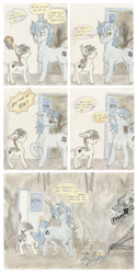 Size: 1512x3024 | Tagged: safe, artist:cindertale, oc, oc only, oc:aeon of dreams, oc:cinder, oc:lightning bliss, alicorn, deer, demon, pony, unicorn, alicorn oc, cave, comic, deer oc, dialogue, female, frown, high res, horn, male, mare, multicolored hair, rainbow hair, slime, stallion, traditional art, unicorn oc, wide eyes, wings
