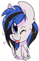 Size: 2495x3824 | Tagged: safe, artist:cookietasticx3, oc, oc only, oc:kezzie, pegasus, pony, :p, bust, ear fluff, heart, high res, one eye closed, pegasus oc, simple background, solo, tongue out, transparent background, wings, wink