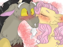 Size: 1080x809 | Tagged: safe, artist:cocolove2176, discord, fluttershy, draconequus, pegasus, pony, g4, abstract background, blushing, bust, chest fluff, colored hooves, eyes closed, female, kissing, male, mare, ship:discoshy, shipping, straight, wide eyes
