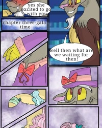 Size: 540x676 | Tagged: safe, artist:cocolove2176, discord, fluttershy, draconequus, pegasus, pony, comic:fluttering chaos, g4, abstract background, blushing, book, bookshelf, bust, chest fluff, clothes, colored hooves, dialogue, female, hat, male, mare, offscreen character