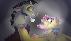 Size: 938x540 | Tagged: safe, artist:cocolove2176, discord, fluttershy, draconequus, pegasus, pony, g4, abstract background, bust, chest fluff, colored hooves, crying, female, male, mare, ship:discoshy, shipping, story included, straight, wide eyes