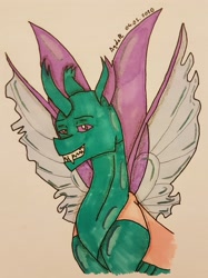 Size: 2612x3483 | Tagged: safe, artist:agdapl, changedling, changeling, bust, changedlingified, crossover, curved horn, fangs, grin, high res, horn, male, signature, smiling, solo, species swap, spy, spy (tf2), team fortress 2, traditional art, wings