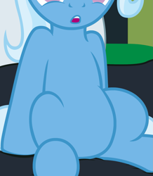 Size: 1377x1576 | Tagged: safe, artist:badumsquish-edits, edit, trixie, pony, unicorn, g4, bed, belly, chubby, cropped, open mouth, pictures of bellies, sitting, solo