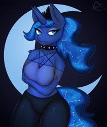Size: 2700x3200 | Tagged: safe, artist:kooriki, princess luna, alicorn, anthro, g4, bedroom eyes, breasts, busty princess luna, clothes, collar, cosplay, costume, crown, digital art, female, high res, horn, jewelry, mare, nameplay, pants, regalia, shirt, solo, spiked collar, tail, thighs, wide hips