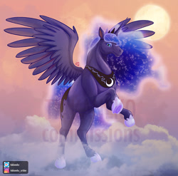 Size: 900x889 | Tagged: safe, artist:tiakaneko, princess luna, alicorn, pony, g4, collar, commission, crown, digital art, female, flying, hoers, hooves, horn, jewelry, looking at you, mare, moon, night, regalia, solo, spread wings, tail, wings