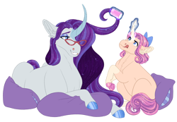 Size: 1280x885 | Tagged: safe, artist:felinenostalgic, rarity, oc, oc:vintage amethyst, pony, unicorn, g4, bow, duo, ear fluff, female, filly, glasses, hair bow, hair curlers, hair styling, hoof polish, licking, licking lips, lying down, magic, mare, mother and child, mother and daughter, offspring, parent:rarity, parent:sunburst, parents:rariburst, pillow, prone, sitting, telekinesis, tongue out