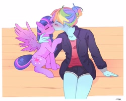 Size: 1919x1542 | Tagged: safe, artist:aaa-its-spook, rainbow dash, twilight sparkle, alicorn, human, pony, equestria girls, equestria girls series, g4, alternate clothes, alternate hairstyle, blushing, clothes, duo, duo female, eyes closed, female, hair bun, hair up, hand on neck, human female, human on pony action, interspecies, jacket, kissing, lesbian, mare, mare on human female, nose kiss, painted nails, ship:twidash, shipping, sitting, spread wings, twilight sparkle (alicorn), wings