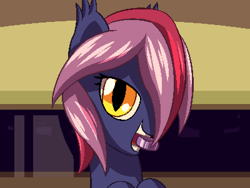 Size: 800x600 | Tagged: safe, artist:rangelost, oc, oc only, oc:moonflower, bat pony, pony, cyoa:d20 pony, bat pony oc, bedroom eyes, bust, female, looking at you, mare, mouth hold, pixel art, slit pupils, solo