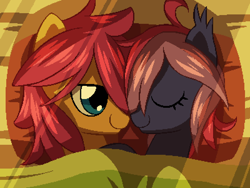 Size: 800x600 | Tagged: safe, artist:rangelost, oc, oc only, oc:moonflower, oc:trailblazer, bat pony, earth pony, pony, cyoa:d20 pony, bat pony oc, bed, bedroom, bust, duo, eyes closed, female, male, mare, morning, pixel art, rule 63, sleeping, stallion