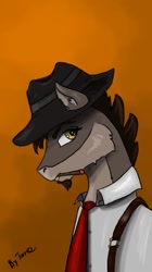 Size: 603x1080 | Tagged: safe, artist:terr@koterr@, oc, earth pony, pony, beard, cigarette, clothes, facial hair, fedora, hat, looking at you, necktie, shirt, simple background, smoking, suspenders