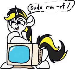 Size: 960x878 | Tagged: safe, artist:skookz, oc, oc only, pony, unicorn, :3, crt monitor, female, leaning, leaning forward, linux, mare, monitor, open mouth, simple background, sitting, smug, solo, speech bubble, sudo, text, transparent background