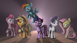 Size: 1920x1080 | Tagged: safe, artist:litterpaws, applejack, fluttershy, pinkie pie, rainbow dash, rarity, twilight sparkle, earth pony, pegasus, pony, unicorn, g4, 3d, apple, balancing, female, food, group shot, looking at you, mane six, ponies balancing stuff on their nose, smiling, source filmmaker, unicorn twilight