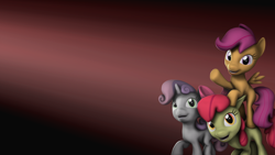 Size: 1920x1080 | Tagged: safe, artist:litterpaws, apple bloom, scootaloo, sweetie belle, earth pony, pegasus, pony, unicorn, g4, 3d, cutie mark crusaders, female, filly, group shot, smiling, source filmmaker, standing on back, wallpaper, waving