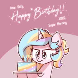 Size: 1000x1000 | Tagged: safe, artist:sugar morning, oc, oc only, oc:oofy colorful, pony, unicorn, :d, animated, birthday, blowing, bust, cake, candle, confused, cute, eyes closed, floppy ears, food, frown, gif, happy, happy birthday, ocbetes, open mouth, raised eyebrow, smiling, solo, text, trick candles