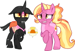 Size: 975x666 | Tagged: safe, artist:rickysocks, luster dawn, changeling, pony, unicorn, g4, disguise, disguised changeling, duo, pink changeling, raised hoof, simple background, transparent background
