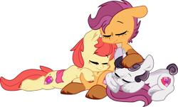 Size: 1614x974 | Tagged: safe, artist:rickysocks, apple bloom, scootaloo, sweetie belle, earth pony, pony, g4, alternate design, base used, cuddle puddle, cuddling, cutie mark crusaders, eyes closed, older, pony pile, simple background, transparent background, trio