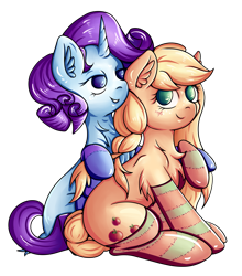 Size: 2824x3216 | Tagged: safe, artist:coco-drillo, applejack, rarity, earth pony, pony, unicorn, g4, alternate hairstyle, bedroom eyes, blushing, braid, braided pigtails, braided tail, braiding, chest fluff, clothes, commission, ear fluff, female, high res, holding hooves, lesbian, raised hoof, ship:rarijack, shipping, simple background, sitting, smiling, socks, stockings, striped socks, thigh highs, transparent background