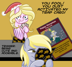 Size: 1800x1680 | Tagged: safe, artist:redpalette, edit, screencap, derpy hooves, oc, oc:chuckles, earth pony, pegasus, pony, g4, /mlp/, /ss/, card, christmas, dialogue, hat, holiday, santa hat, slam, squint, table, trap card