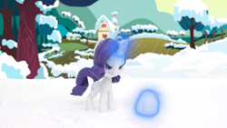 Size: 1920x1080 | Tagged: safe, screencap, rarity, pony, g4.5, my little pony: stop motion short, snowball fight (short), female, magic, mare, snow, snowball, solo, stop motion