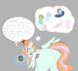 Size: 2264x2079 | Tagged: safe, artist:taurson, lightning dust, nurse redheart, oc, oc:princess healing glory, alicorn, earth pony, ghost, ghost pony, pegasus, pony, unicorn, g4, adorable face, alicorn oc, bandaid, beanbag chair, blushing, blushing profusely, butt, commissioner:bigonionbean, crown, crying, cute, defibrillator, dialogue, embarrassed, extra thicc, female, flank, fusion, fusion:fleur-de-lis, fusion:lightning dust, fusion:nurse redheart, fusion:sassy saddles, hat, high res, horn, jewelry, large butt, magic, mare, nurse, nurse hat, passed out, pills, plot, regalia, royalty, shocked, shocked expression, speech bubble, the ass was fat, thought bubble, wings, writer:bigonionbean