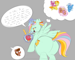 Size: 2452x1994 | Tagged: safe, artist:taurson, oc, oc:coffee, oc:princess sincere scholar, alicorn, earth pony, pegasus, pony, unicorn, adorable face, alicorn oc, apple, blood, blushing, blushing profusely, butt, commissioner:bigonionbean, cute, dialogue, extra thicc, female, flank, food, fruit, fusion, fusion:cheerilee, fusion:ms. harshwhinny, fusion:spitfire, fusion:trixie, herbivore, horn, large butt, magic, male, mare, nosebleed, plot, royalty, ruler, speech bubble, stallion, the ass was fat, thought bubble, unicorn oc, wings, writer:bigonionbean
