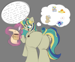 Size: 2158x1790 | Tagged: safe, artist:taurson, carrot top, derpy hooves, golden harvest, mayor mare, minuette, oc, oc:queen fresh care, alicorn, earth pony, pegasus, pony, unicorn, g4, adorable face, alicorn oc, butt, coffee, coffee mug, commissioner:bigonionbean, cute, dialogue, extra thicc, feather, female, flank, fusion, fusion:carrot top, fusion:derpy hooves, fusion:golden harvest, fusion:mayor mare, fusion:minuette, glasses, horn, large butt, magic, mare, mug, passed out, plot, royalty, scroll, speech bubble, the ass was fat, thought bubble, wings, writer:bigonionbean