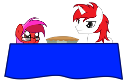 Size: 5141x3322 | Tagged: safe, artist:ngthanhphong, oc, oc only, oc:atlas, oc:ruby star, earth pony, pony, unicorn, apple, apple pie, food, glasses, pie, table