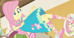 Size: 3736x1920 | Tagged: safe, screencap, angel bunny, fluttershy, do it for the ponygram!, equestria girls, g4, my little pony equestria girls: better together, book, clothes, cute, cutie mark, cutie mark on clothes, female, fluttershy's bedroom, geode of fauna, jewelry, magical geodes, male, necklace, sandals, shyabetes, solo focus