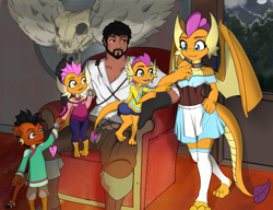 Size: 3026x2322 | Tagged: safe, artist:stardust-pony, smolder, oc, dragon, human, g4, dragoness, family photo, female, happy ending, high res, human oc, hybrid oc, interspecies, interspecies offspring, male, monster hunter, motherhood, offspring, older, older smolder, smoldmom, this ended in pregnancy