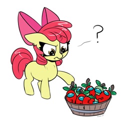 Size: 1400x1400 | Tagged: safe, artist:skoon, apple bloom, earth pony, pony, g4, among us, apple, female, filly, food, question mark, simple background, solo, sus (among us), suspicious, white background