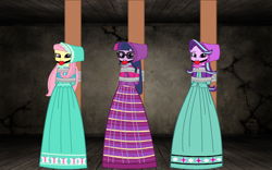 Size: 1680x1050 | Tagged: safe, artist:brightstar40k, fluttershy, sci-twi, starlight glimmer, twilight sparkle, equestria girls, g4, arm behind back, ballgag, bondage, bound and gagged, clothes, gag, help us, long dress, long skirt, pole tied, purple eyes, skirt, tape, tape bondage, victorian, wrong eye color
